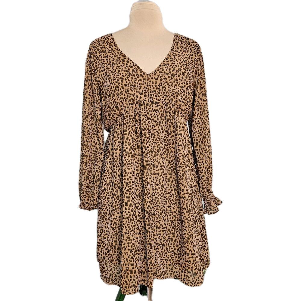 Kori America Leopard Print Babydoll Mini Dress‎ V-Neck Long Sleeve Small NEW